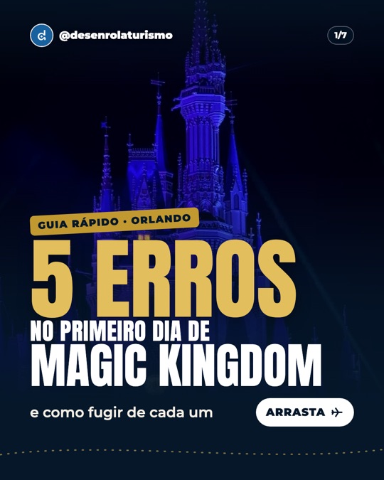 Capa do carrossel da Desenrola Turismo: 5 erros no primeiro dia de Magic Kingdom, com o castelo iluminado à noite